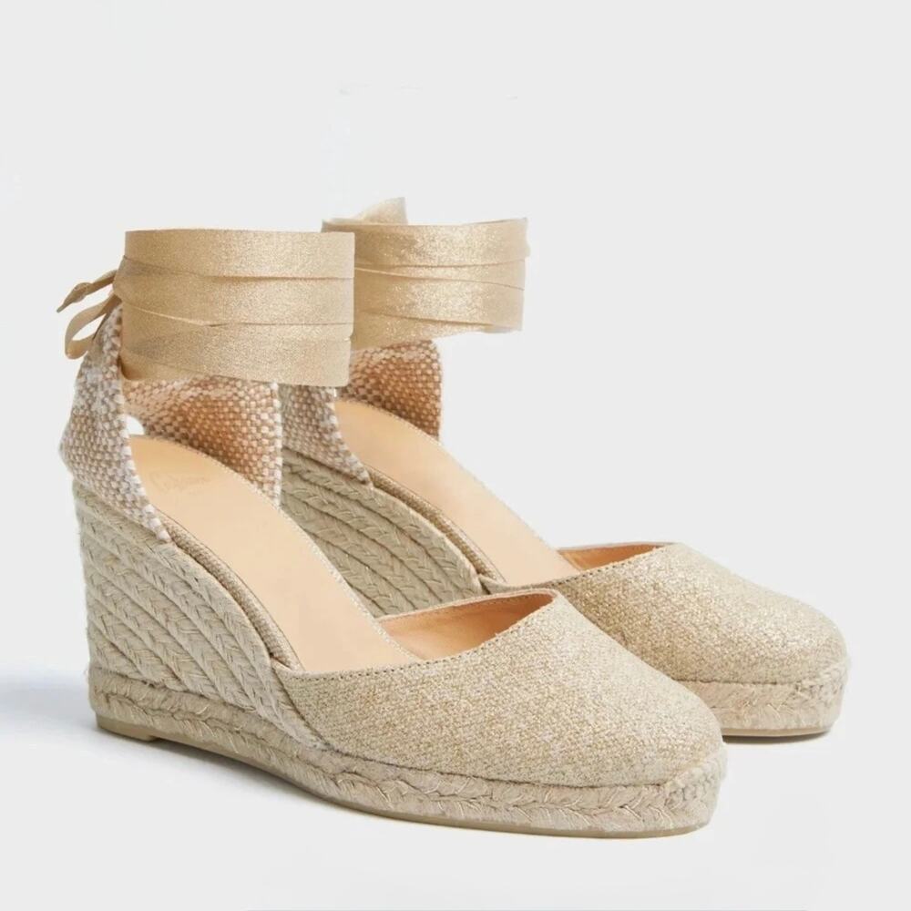 NWOB Castaner Carina 80 Espadrille Wedge Sandals Gold Metallic Ankle Tie EU35